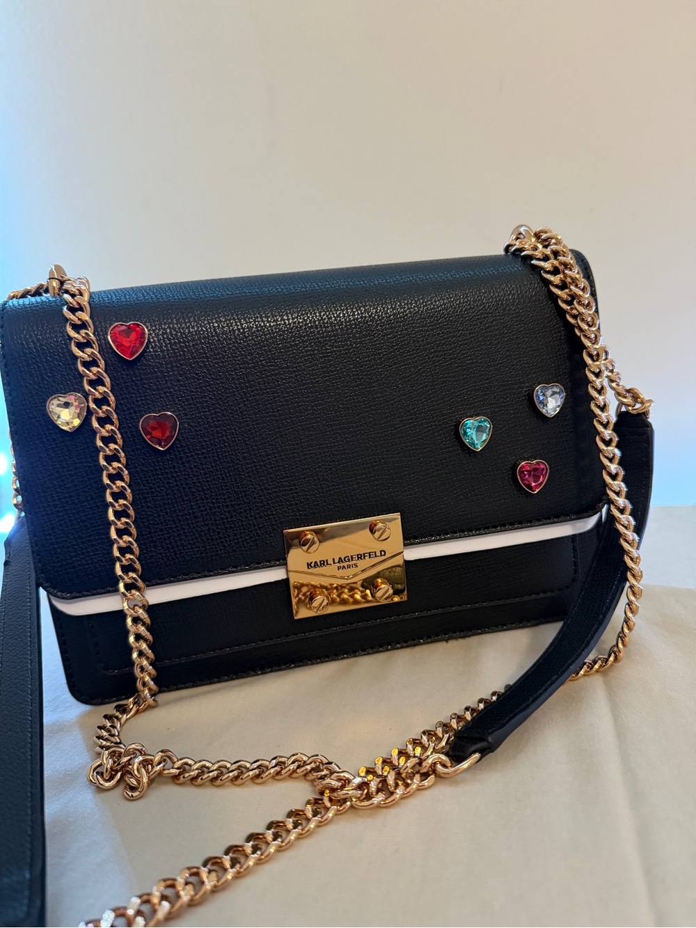 Karl Lagerfeld Black Crossbody Bag with Gold Chain and Multicolored Heart Gems